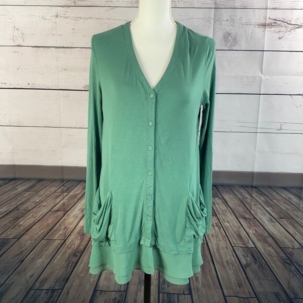 Logo Lori Goldstein Top Shirt Womens Small Grreen Button Lagenlook Stretch FLAW